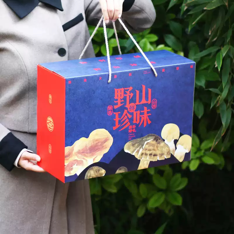 干货山野珍味礼品盒简装中号蘑菇木耳野菜手提箱式包装盒礼袋空盒